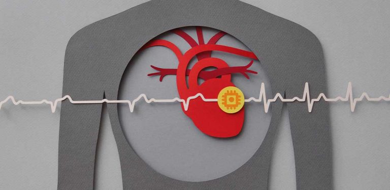 A grey and red illustration of a heart in a person's chest with a heart monitor line going through it.