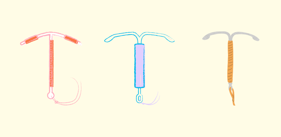 Drawings of three different IUDs